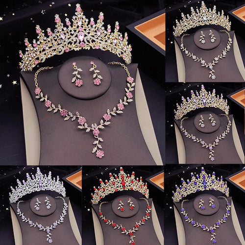 3 Pcs Set Crown Jewelry Sets for Bridal Wedding Dress Jewellry Tiaras Flower Choker Necklace Sets Costume Accessories