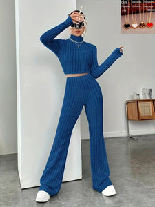 Spring Knitted 2 Piece Sets Women Tracksuit Long Sleeve Vintage Sweater Crop Top Flare Pants Stretch Matching Suit Outfit