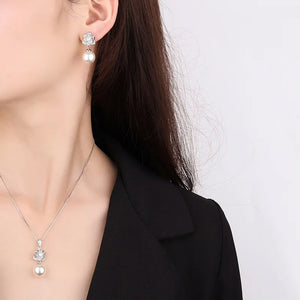 White Pearl Camellia Pendant Necklace Earrings Fine Jewelry for Women Luxury Bridesmaid Gift