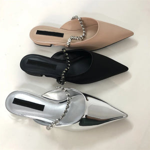 pointed toe mirror silver leather slippers women crystal band summer shoes outdoor slides low heel mules sandalias