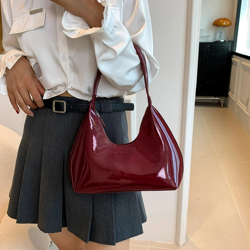 Women's Bag Patent Leather Tote Bag Fashion Shoulder Bag Versatile Crescent Bag French Brand Armpit Bag Retro Wine Red Hobo Bags