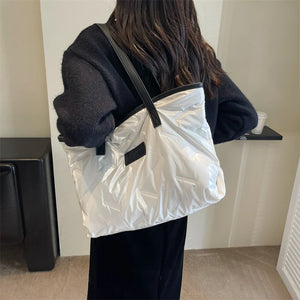 Silver Big Casual Cotton Shoulder Bag for Women New Trendy Korean Fashion Handbags Designer Padded Tote Bag