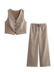 Fashion Vest Set V-Neck Sleeveless Single-Breasted Waistcoat Elastic High Waist Pockets Drawstring Wide Leg Pant