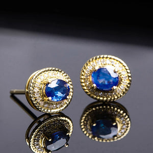 Temperament Blue Cubic Zirconia Gold Color Stud Earrings for Women Dainty Piercing Accessories