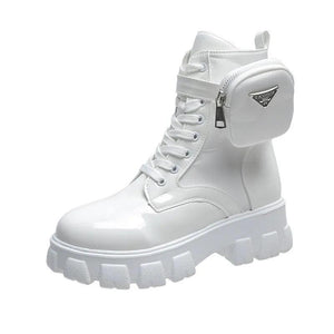 Punk Ankle Platform Motorcycle Boots Women Lace Up Chunky Heel Belt Buckle Pocket Shoes - www.eufashionbags.com