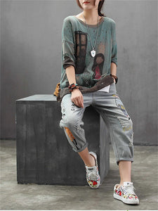 Vintage Hole Girl Embroidery Ankle-length Denim Jeans Female Casual Loose Harem Pant Trousers Cloth