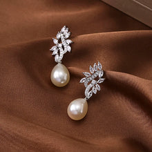 Load image into Gallery viewer, Irregularity White Gold Color Pearl Dangle Earrings for Women Zirconia Wedding Earings