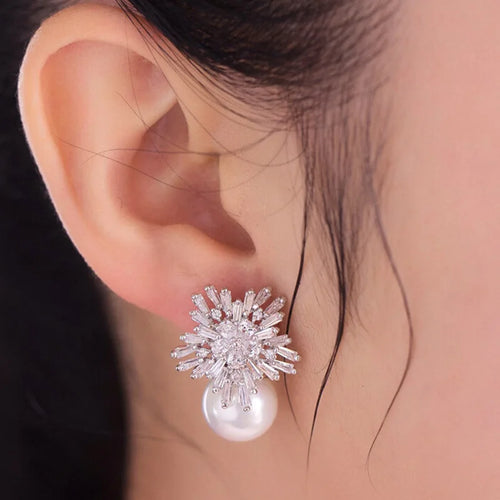 Flower Design Simulated Pearl Earrings for Women Cubic Zirconia Drop Earrings