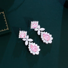 Laden Sie das Bild in den Galerie-Viewer, Pink Water Drop Cubic Zirconia Long Dangling Leaf Earrings for Women b09