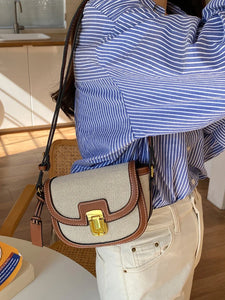 2023 New Small Style Contrast Panel Canvas Retro One Shoulder Crossbody Saddle Bag