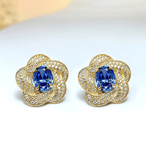 Blue Paved Flowers Stud Earrings Cubic Zirconia Aesthetic Women's Accessories for Wedding