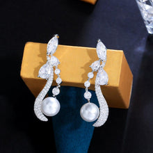 Load image into Gallery viewer, White Bling Cubic Zirconia Paved Symmetrical Dangle Drop Long Pearl Earrings for Women cw14 - www.eufashionbags.com