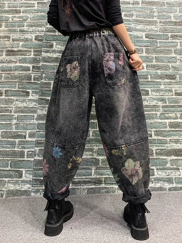 Fashion Elastic Print Floral Design Loose Jeans New Spring Women Vintage Casual Denim Pants Harem Trousers