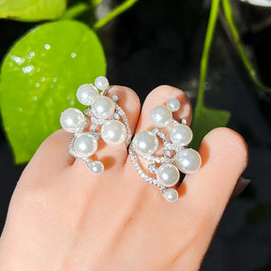 Adjustable Size White Cubic Zirconia Trendy Engagement Pearl Rings b122