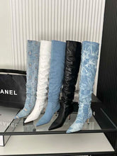 Laden Sie das Bild in den Galerie-Viewer, Sexy Women Over The Knee Boots Chelsea Booties Pointed Toe Blue Black White Denim Cloth Winter Dress Shoes Slip On Autumn Boots