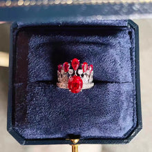 Laden Sie das Bild in den Galerie-Viewer, Vintage Silver Color Crown Design Ruby Red Crystal Rings Stud Earrings for Women x55