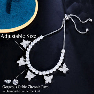 Adjustable Size Cubic Zirconia Bracelet Dangle Butterfly Charm Tennis CZ for Women