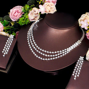 White Cubic Zirconia Pave 3 Layered Wedding Dress Necklace and Earrings Jewelry Sets cw18 - www.eufashionbags.com
