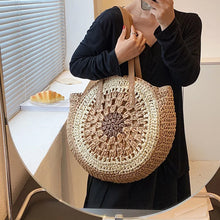 Load image into Gallery viewer, Women Round Hollow Straw Beach Bag Handmade Woven Shoulder Bag Raffia Circle Rattan Bags Bohemian Summer Large Tote Casual Bag