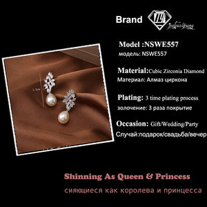 Irregularity White Gold Color Pearl Dangle Earrings for Women Zirconia Wedding Earings