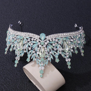 Baroque Luxury Silver Color Green Opal Water Drop Crystal Tiaras For Women Wedding Birthday Party Crown Hair Accessories