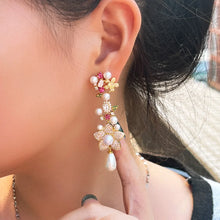 画像をギャラリービューアに読み込む, Flower Dangle Drop Pearl Earrings for Women Cubic Zirconia Paved Long Cluster Jewelry b106