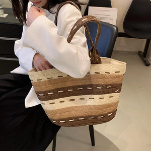 Large Straw Weave Stripe Shoulder Bags for Women Trendy Tote Bag Beach Purse s08