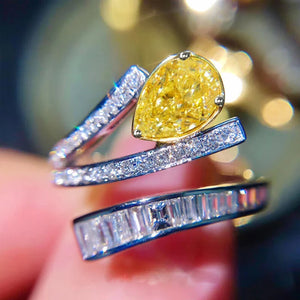 Personality Pear Yellow Cubic Zirconia Luxury Rings for Women Wedding Party Jewelry