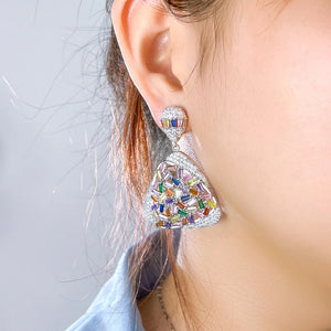 Multi Color Chunky Triangle Earrings Cubic Zircon Women Long Party Wedding Earrings b51