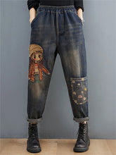 Laden Sie das Bild in den Galerie-Viewer, Cartoon Litter Girl Embroidery Denim Pants For Women Trendy Hole Casual High Waist Breeches Pockets Mom Harem Blue Jeans
