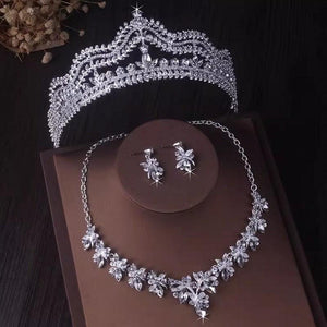 Silver Color Crystal Leaf Bridal Jewelry sets Rhinestone Crown Tiaras Choker Necklace Earrings bn01 - www.eufashionbags.com