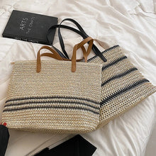 Laden Sie das Bild in den Galerie-Viewer, Casual Striped Straw Bag For Women Large Woven Shoulder Bag Summer Holiday Beach Bag Handmade Shopping Tote