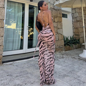 Zebra Long Beach Dress Cover-Ups Sexy Transparent Mesh Maxi Dress Cut Out Bodycon Summer Holiday Vacation Dress Women 2024