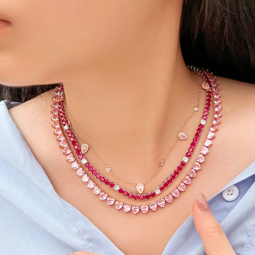 Fuchsia Red Cubic Zirconia Round CZ Tennis Chain Link Necklace for Women b137