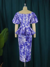 Charger l&#39;image dans la galerie, AOMEI Women Dress Blue Peplum Midi Tie Dye Short Puff Sleeve Elegant Office Elegant Plus Size 4XL Evening Cocktail Event Gowns