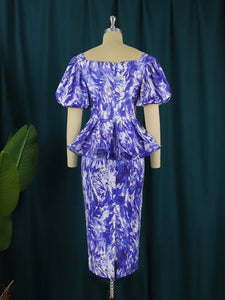 AOMEI Women Dress Blue Peplum Midi Tie Dye Short Puff Sleeve Elegant Office Elegant Plus Size 4XL Evening Cocktail Event Gowns