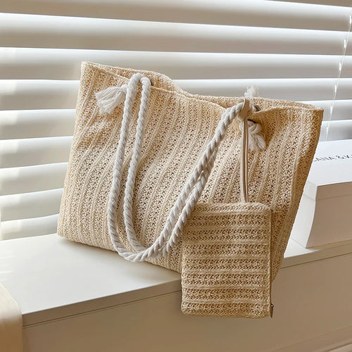 Summer Straw Bags For Women Weaving Totes Ladies Handbags Designer Travel Large Capacity Beach Shoulder Bag With Mini Purse