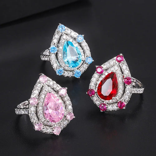 Luxury Women's Finger Rings for Party Sparkling Red Water-drop Cubic Zirconia Style Accessories