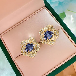 Blue Paved Flowers Stud Earrings Cubic Zirconia Aesthetic Women's Accessories for Wedding