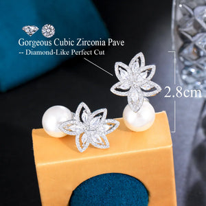Flower Leaf Shape Glittering Pearl Earrings Cubic Zirconia Pave Women Accesories b140