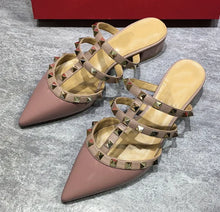 Load image into Gallery viewer, Shiny Gold Rivets T- Strap Sandals 4cm Med Heels Slippers Summer Mujer Sexy Dress Shoes Patent Leather And Matte Claussure