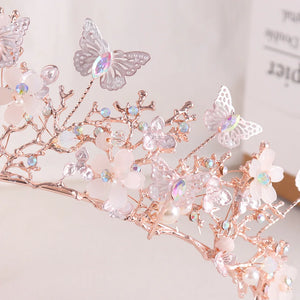 Rose Gold Crystal Butterfly Crowns Diadem Pearl Rhinestone Wedding Hair Accessories b07