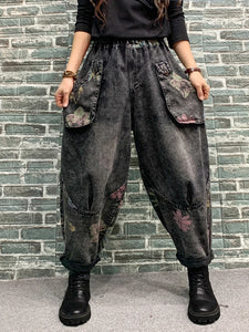 Fashion Elastic Print Floral Design Loose Jeans New Spring Women Vintage Casual Denim Pants Harem Trousers