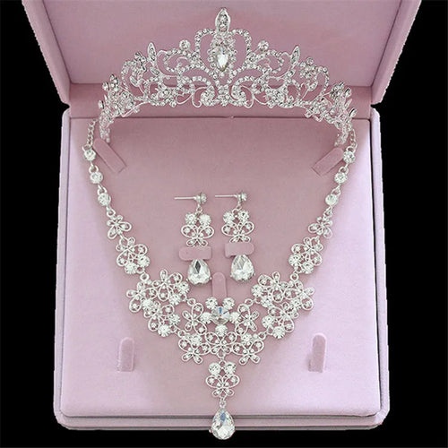 Bridal Jewelry Sets Crown Necklace Earrings Four Pack Silver Women's Fashion Wedding Tiaras(excluding boxes)