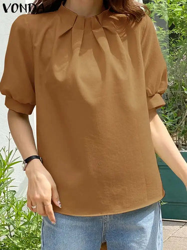 VONDA Women Fashion Summer Blouse 2024 Short Puff Sleeve Elegant Tops Casual Solid Color Stand Collar Shirts Loose Blusas Femme