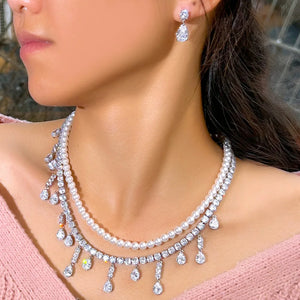 Shiny Tassel Water Drop Cubic Zirconia Big 2 Layer Pearl Necklace Bridal Jewelry Sets