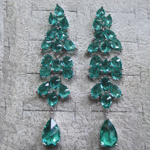 925 Silver Needle Personality Long Green Rhinestone Water Drop Dangle Earrings x36