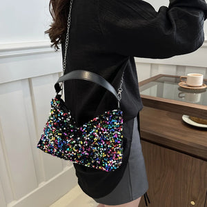 Solid Color Sequins Crossbody Bag Simple Chain Women's Small Square Bag Handbag Underarm Bag Evening Clutch Bag Female