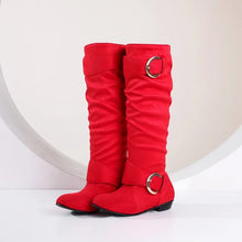 Cargar imagen en el visor de la galería, Women Buckles Botas On Knee Height Tacon Square Heels 2cm Red Black Boots Flock Round Toe Spring Shoes