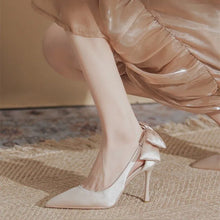 Load image into Gallery viewer, Women Pumps White Champagne Satin Back Bow Tie Sexy Pumps Stiletto Pointed Toe Shallow Women Wedding Party Shoes Cover Heel